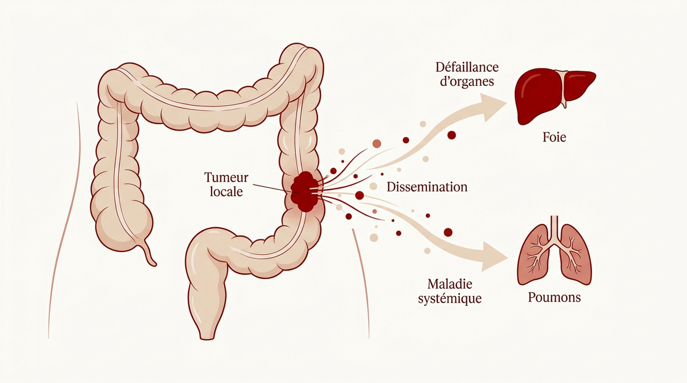 Schéma de la dissémination métastatique du cancer colorectal vers le foie et les poumons