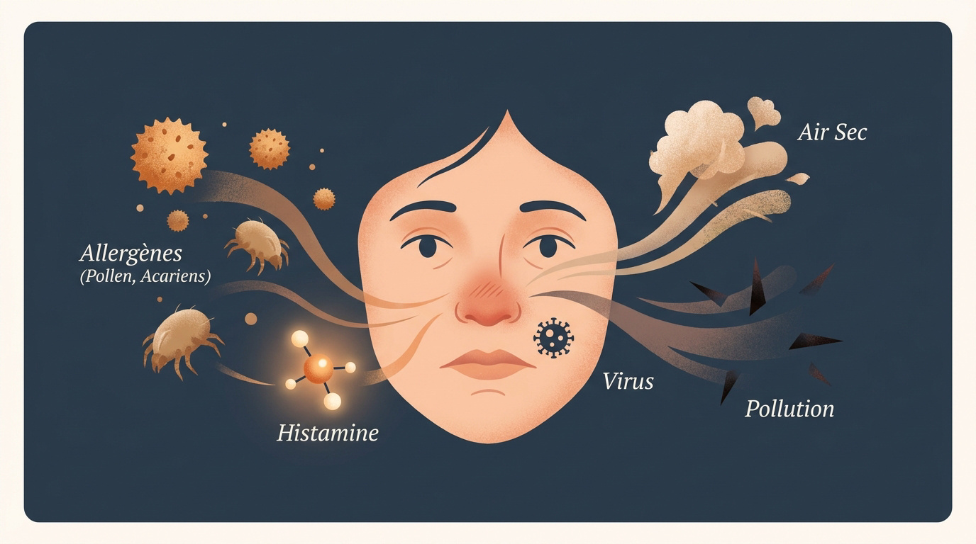 Infographie détaillant les causes physiologiques et environnementales du nez qui gratte