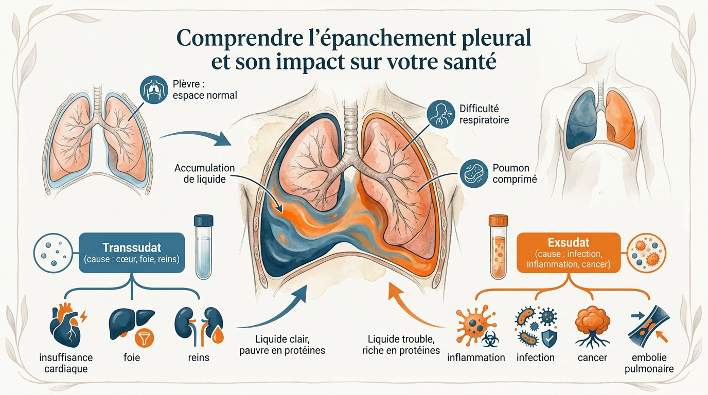 Schéma médical montrant une accumulation de liquide dans la cavité pleurale entourant le poumon