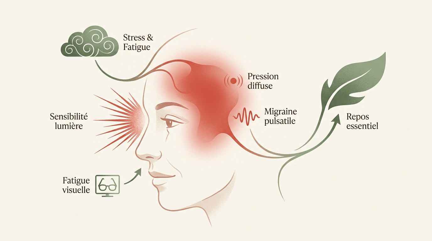 Illustration d'une personne ressentant une douleur ciblée à la tempe gauche