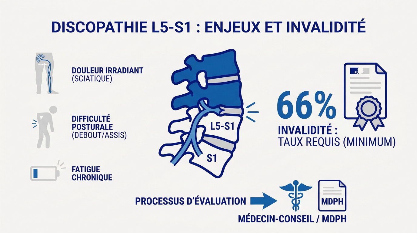 Schéma d'une discopathie L5-S1 avec compression nerveuse