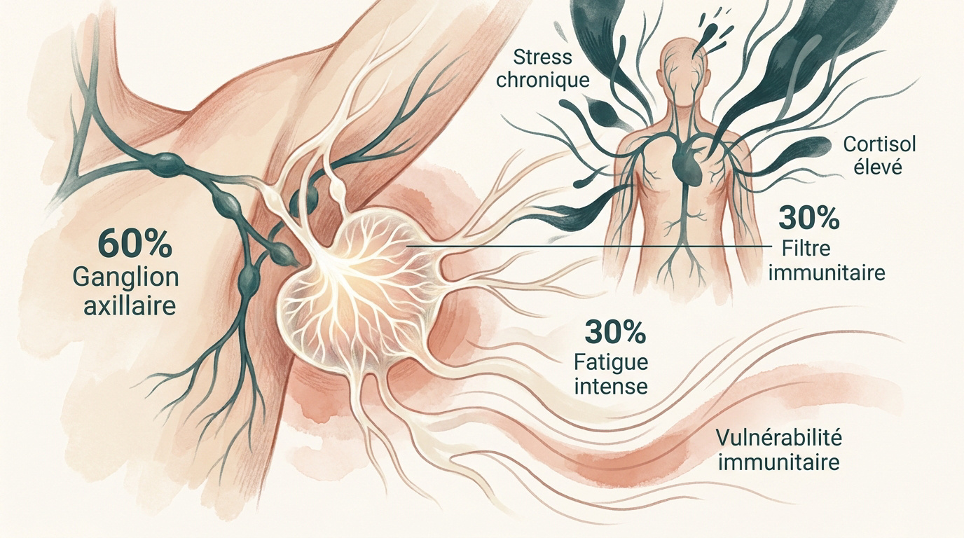 Schéma illustrant le lien entre le stress, la fatigue et le système lymphatique axillaire