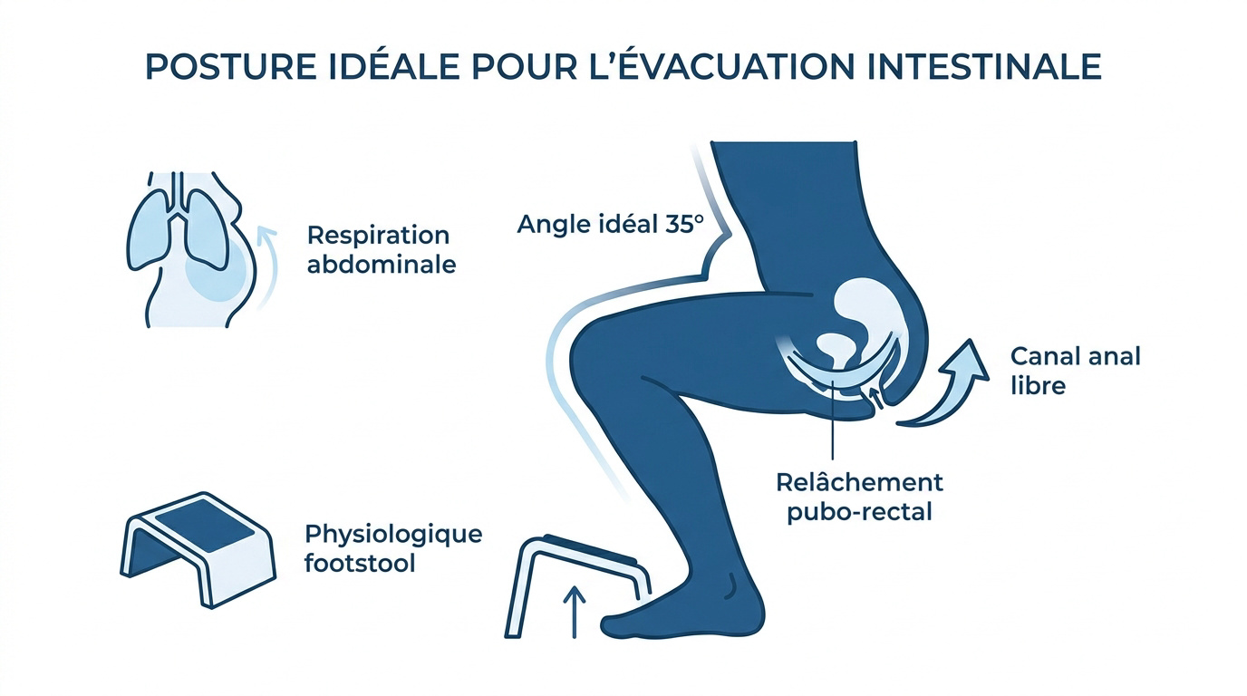 Schéma de la posture idéale à 35 degrés pour faciliter l'évacuation intestinale avec un tabouret