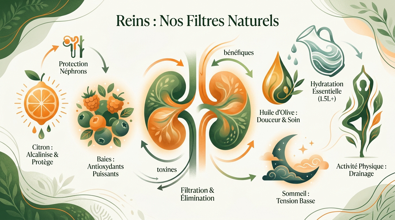 Schéma des reins illustrant le processus de filtration naturelle et les aliments bénéfiques