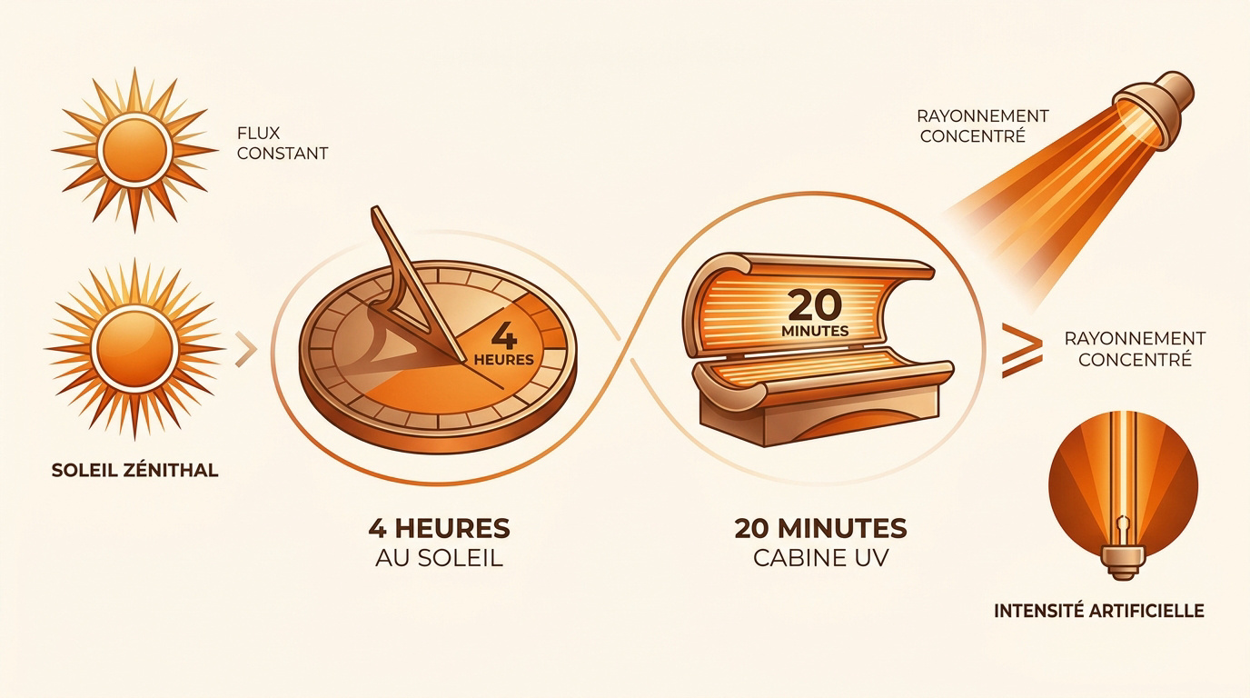 Comparaison graphique entre le temps d'exposition en cabine UV et le soleil naturel