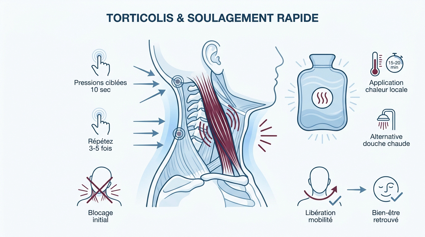 Illustration d'un soulagement de torticolis par pression manuelle ciblée